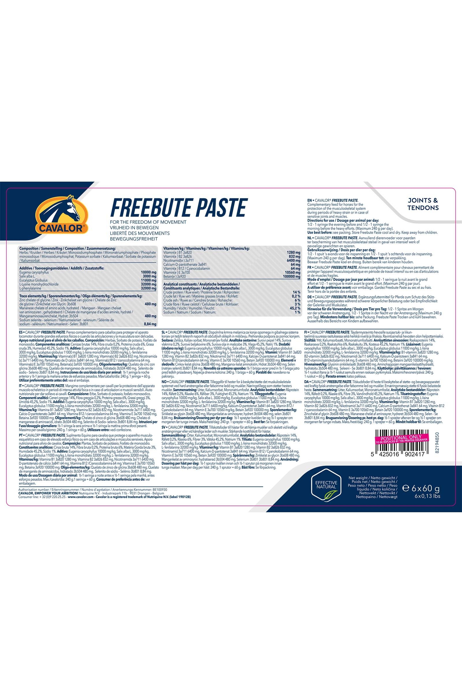 Cavalor Freebute Paste, Joints & Tendons, 6x60 gr
