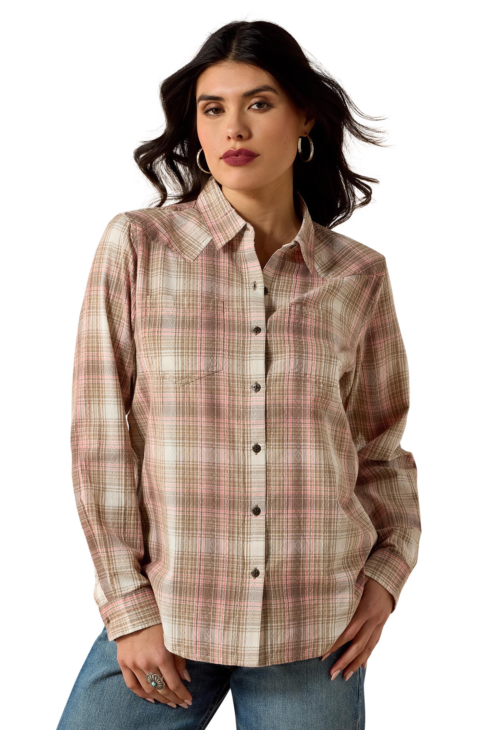 White Pepper Coral Plaid Ariat Billie Jean dame skjorte med lange &aelig;rmer